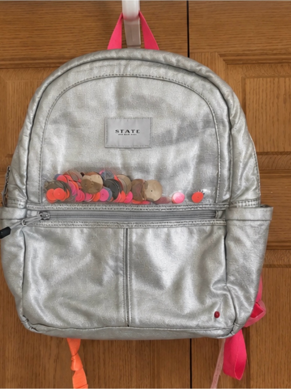 STATE Silver Kids Backpack with Pink Handle and Multicolor Dot Detail EUC